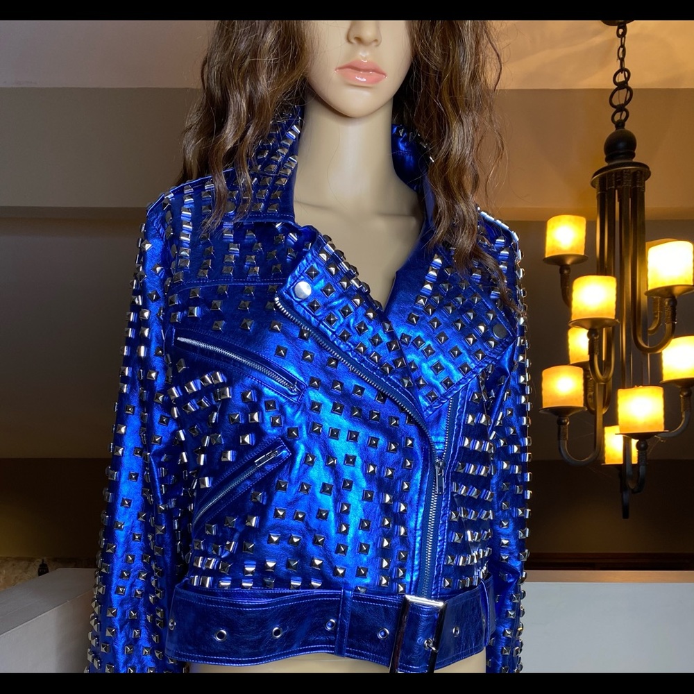 Royal Blue Studded Leather Jacket - Picture 7 of 15